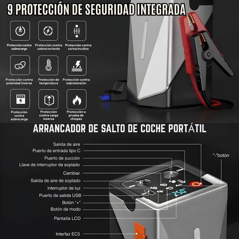 ARRANCADOR DE BATERÍA DE AUTO PORTÁTIL, COMPRESOR E INFLADOR - 3