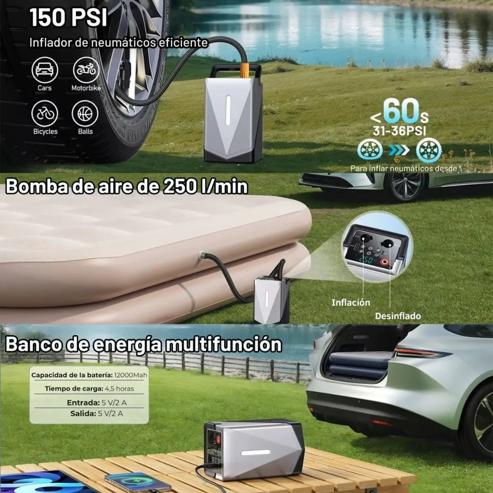 ARRANCADOR DE BATERÍA DE AUTO PORTÁTIL, COMPRESOR E INFLADOR - 4