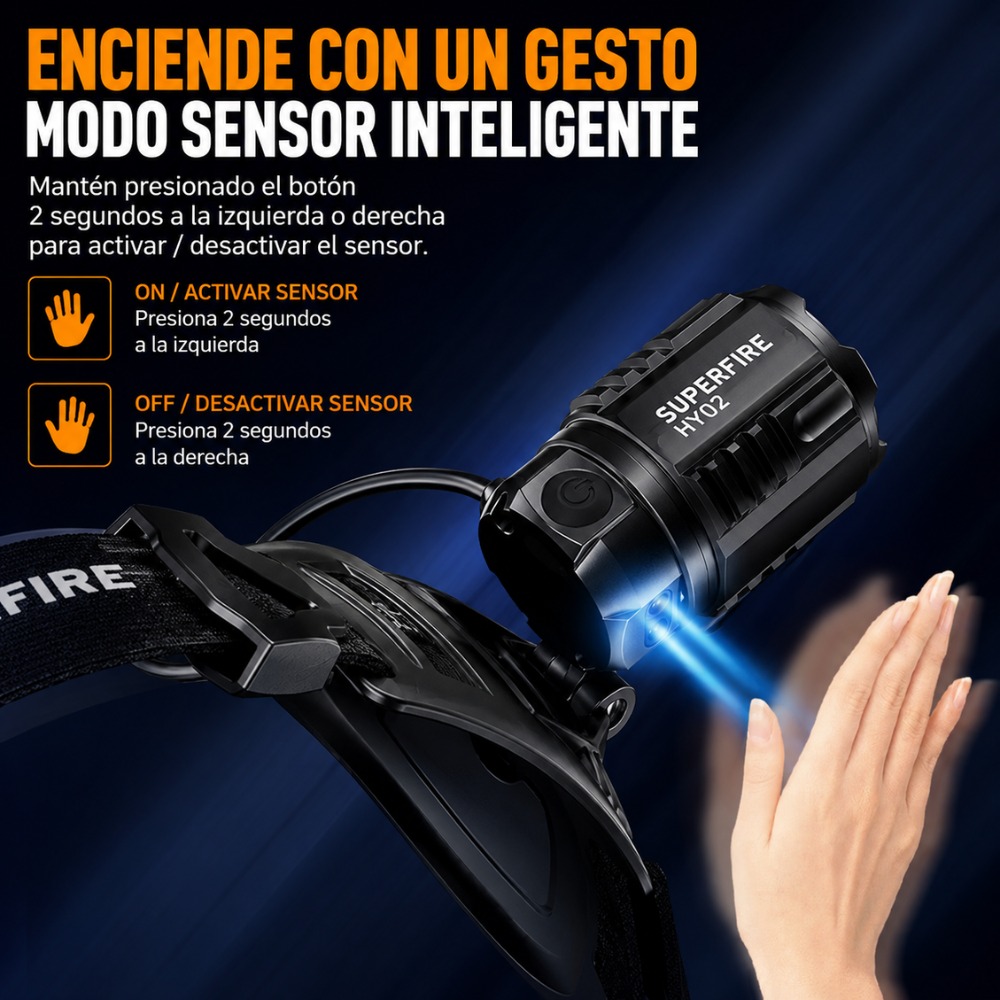 LINTERNA FRONTAL SUPERFIRE HY02 SENSOR DE MOVIMIENTO - 6