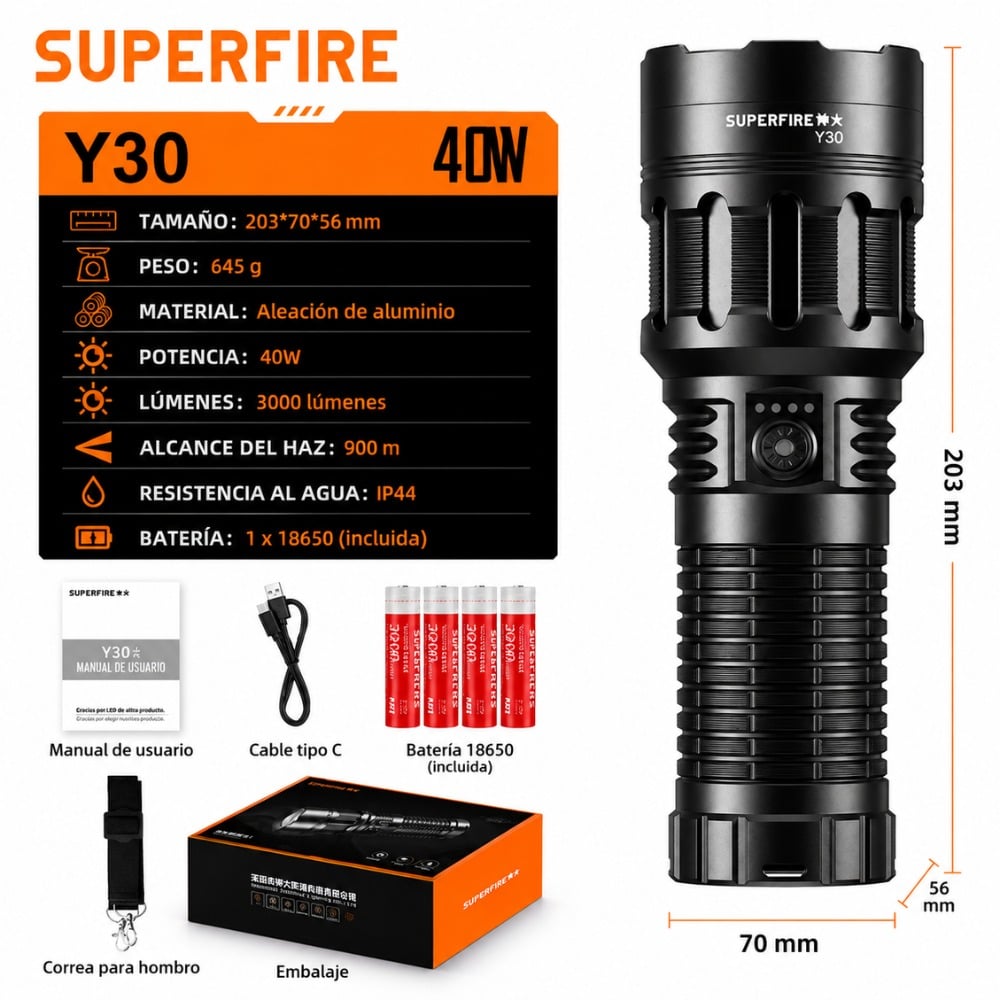 LINTERNA TÁCTICA SUPERFIRE Y30 3000LM ALCANCE 900M USB-C 40W - 2