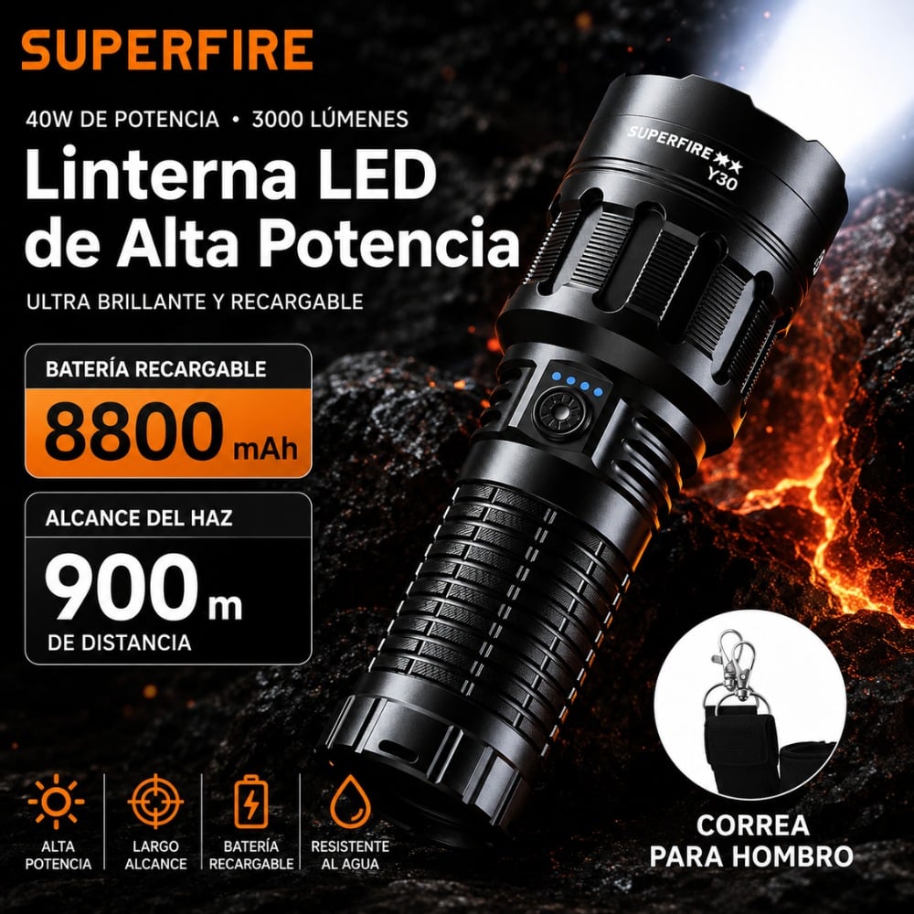LINTERNA TÁCTICA SUPERFIRE Y30 3000LM ALCANCE 900M USB-C 40W - 3