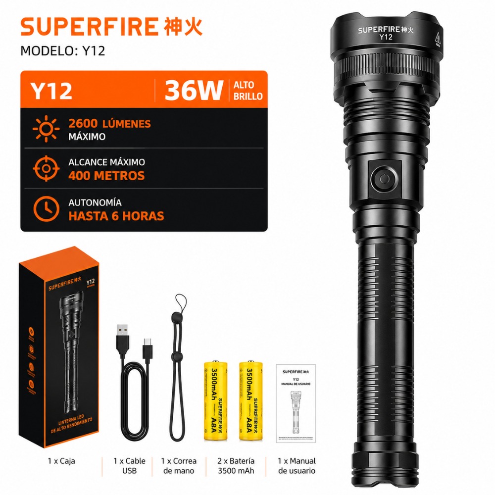 LINTERNA TÁCTICA SUPERFIRE Y12 P90 3000 LÚMENES 390M - 3