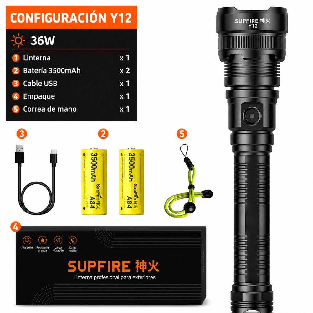 LINTERNA TÁCTICA SUPERFIRE Y12 P90 3000 LÚMENES 390M - 4