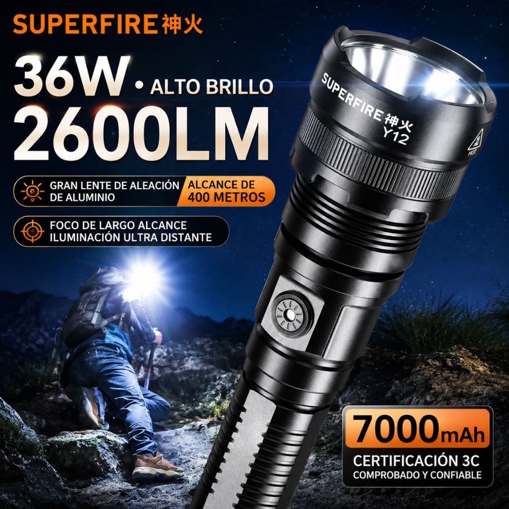 LINTERNA TÁCTICA SUPERFIRE Y12 P90 3000 LÚMENES 390M - 5