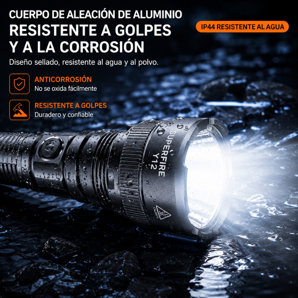 LINTERNA TÁCTICA SUPERFIRE Y12 P90 3000 LÚMENES 390M - 8