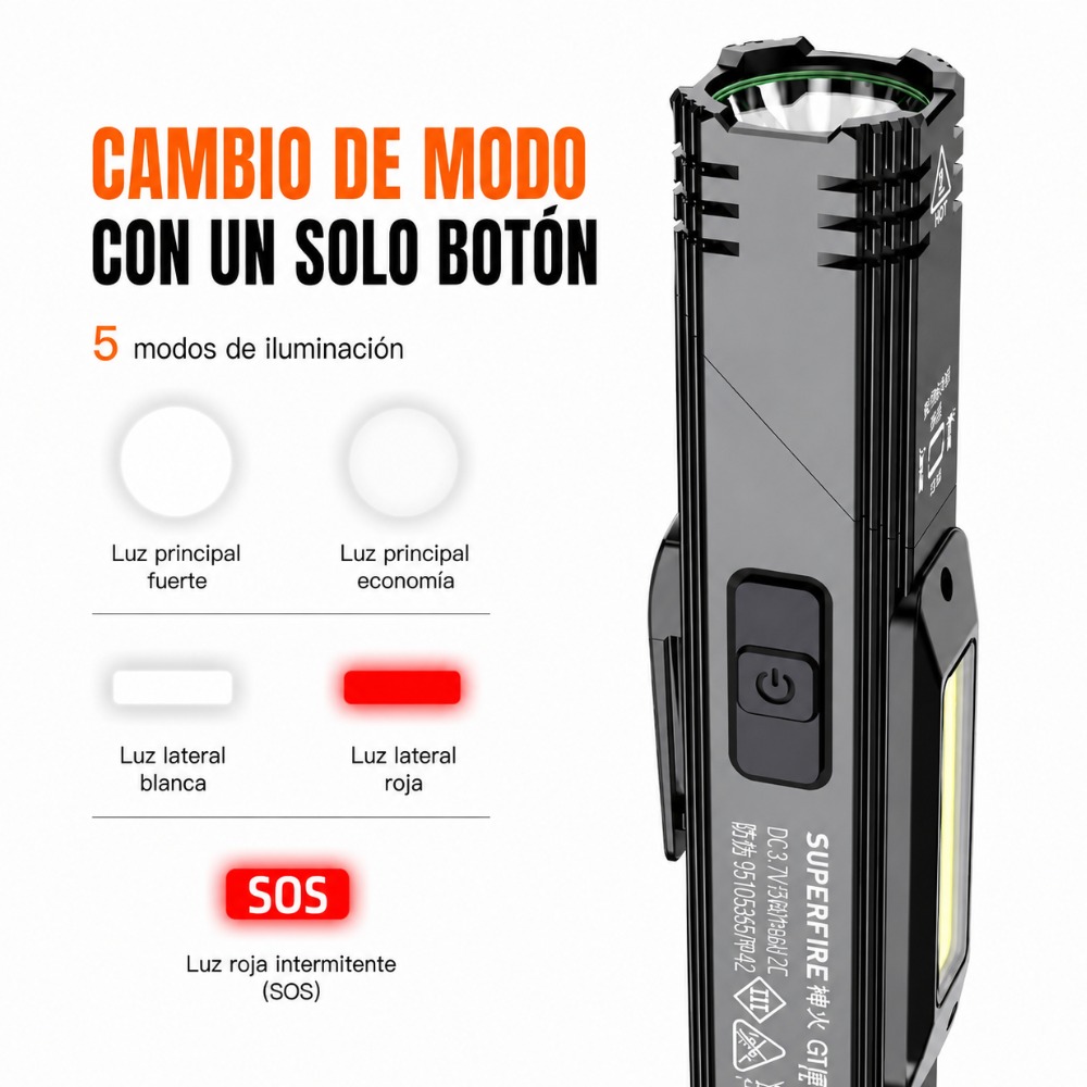 LINTERNA FRONTAL RECARGABLE MAGNÉTICA USB C 5 MODOS LED - 3
