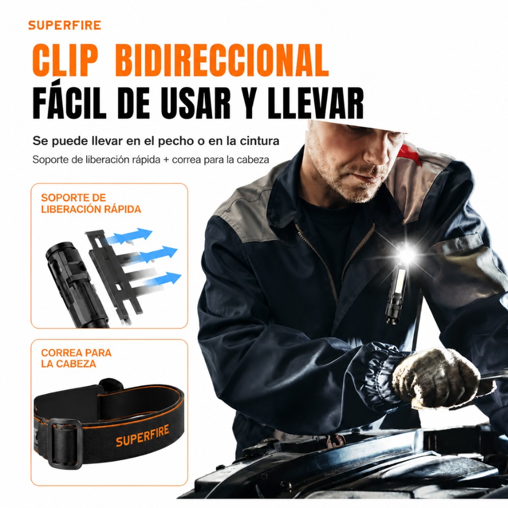LINTERNA FRONTAL RECARGABLE MAGNÉTICA USB C 5 MODOS LED - 5