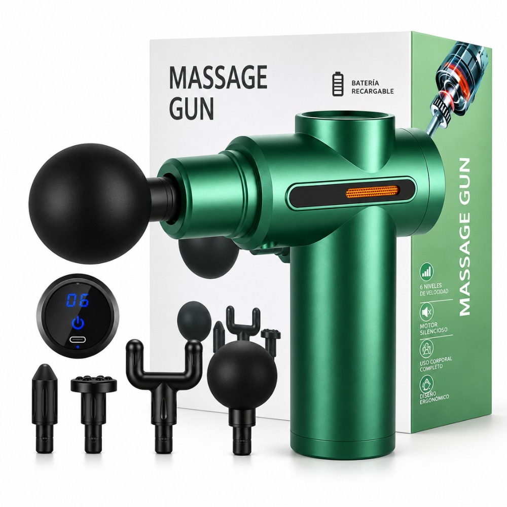 PISTOLA DE MASAJE RECARGABLE 6 VELOCIDADES 4 CABEZALES VERDE - 1