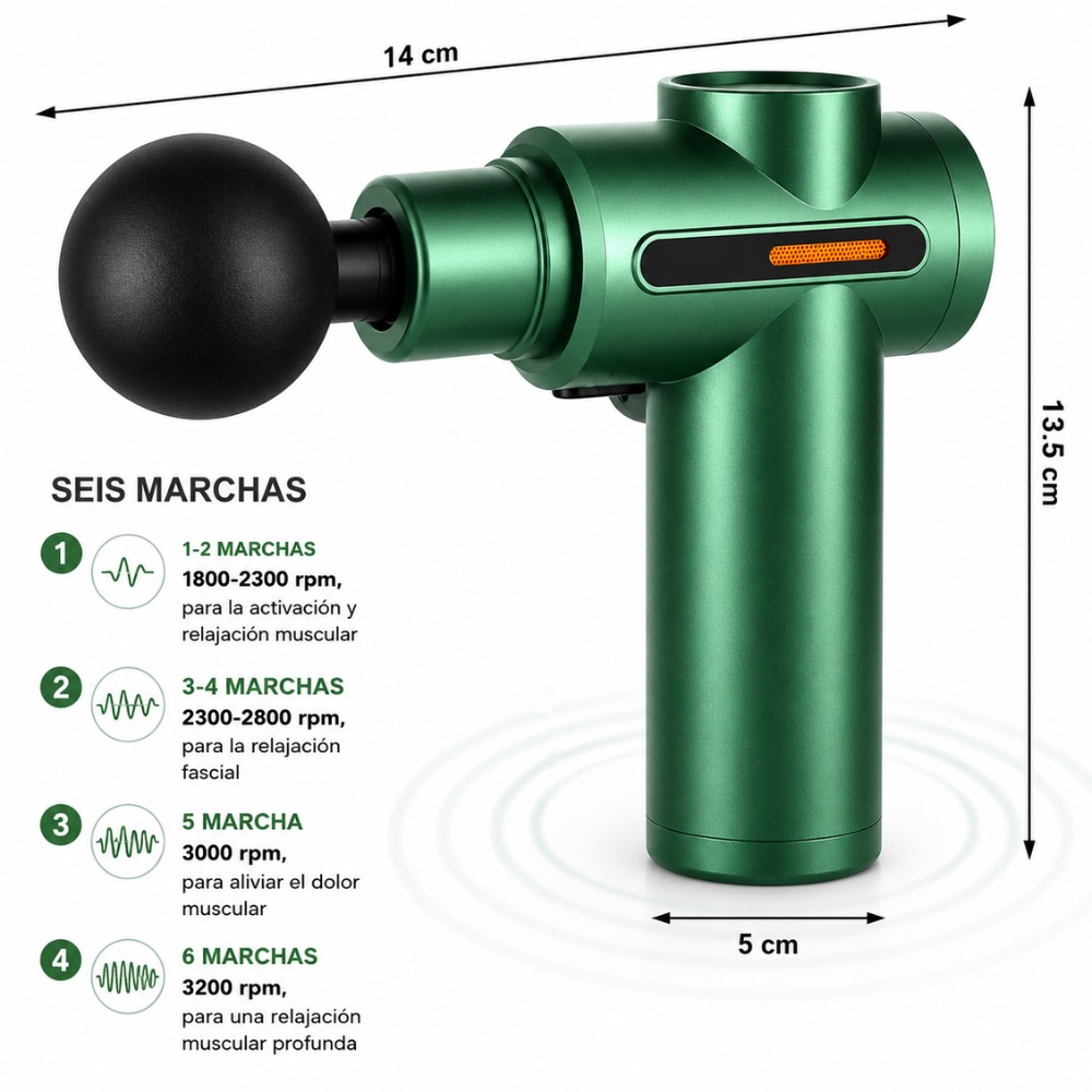 PISTOLA DE MASAJE RECARGABLE 6 VELOCIDADES 4 CABEZALES VERDE - 3
