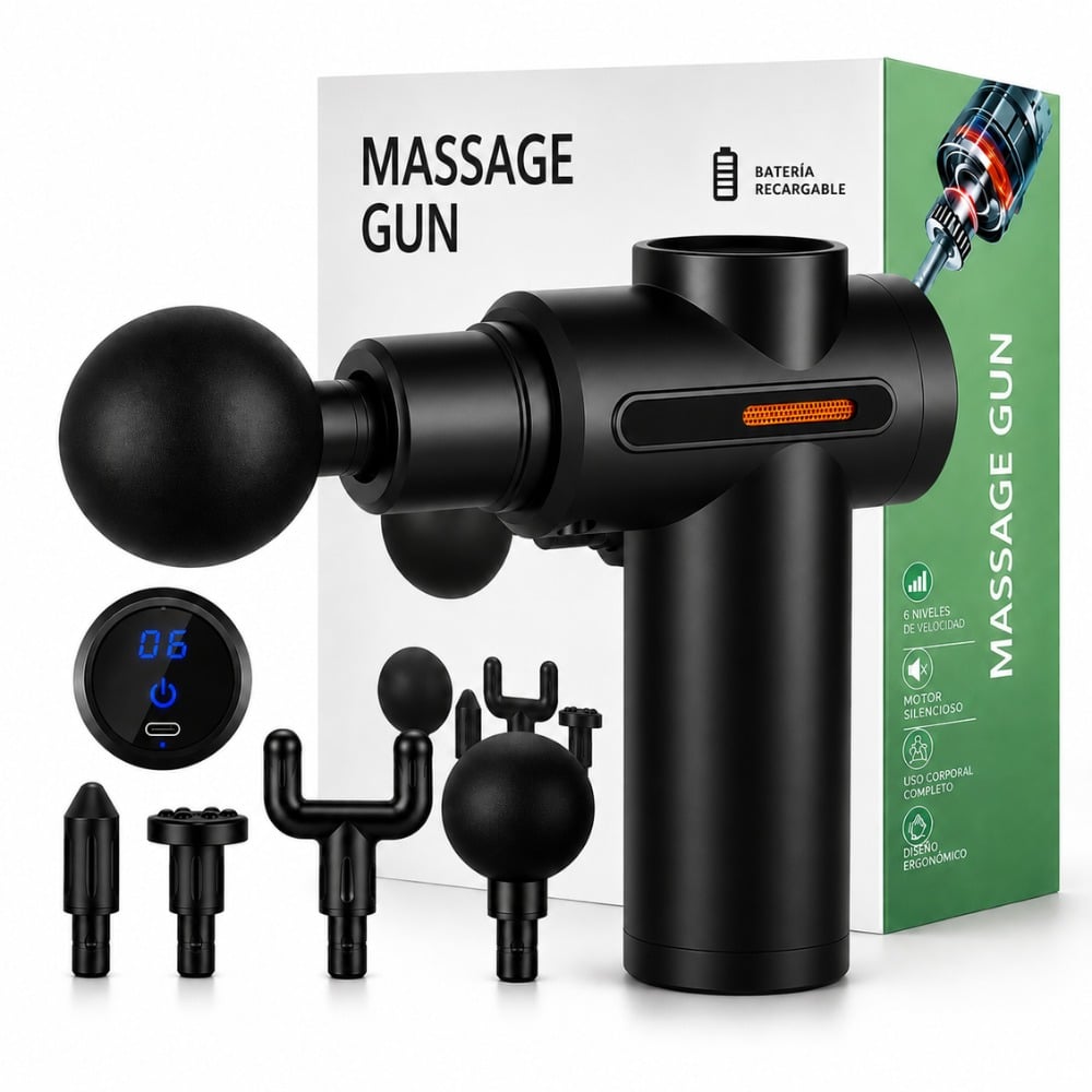 PISTOLA DE MASAJE RECARGABLE 6 VELOCIDADES 4 CABEZALES NEGRO - 1