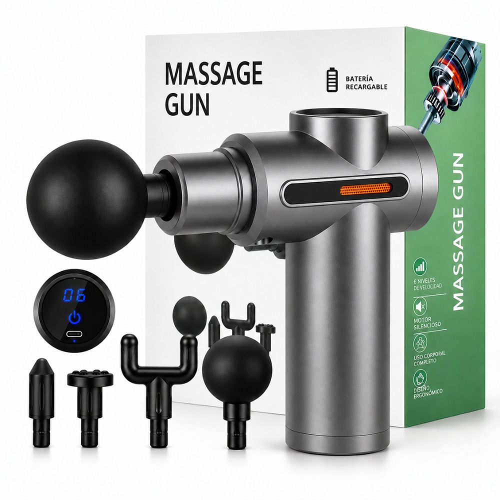 PISTOLA DE MASAJE RECARGABLE 6 VELOCIDADES 4 CABEZALES GRIS - 1