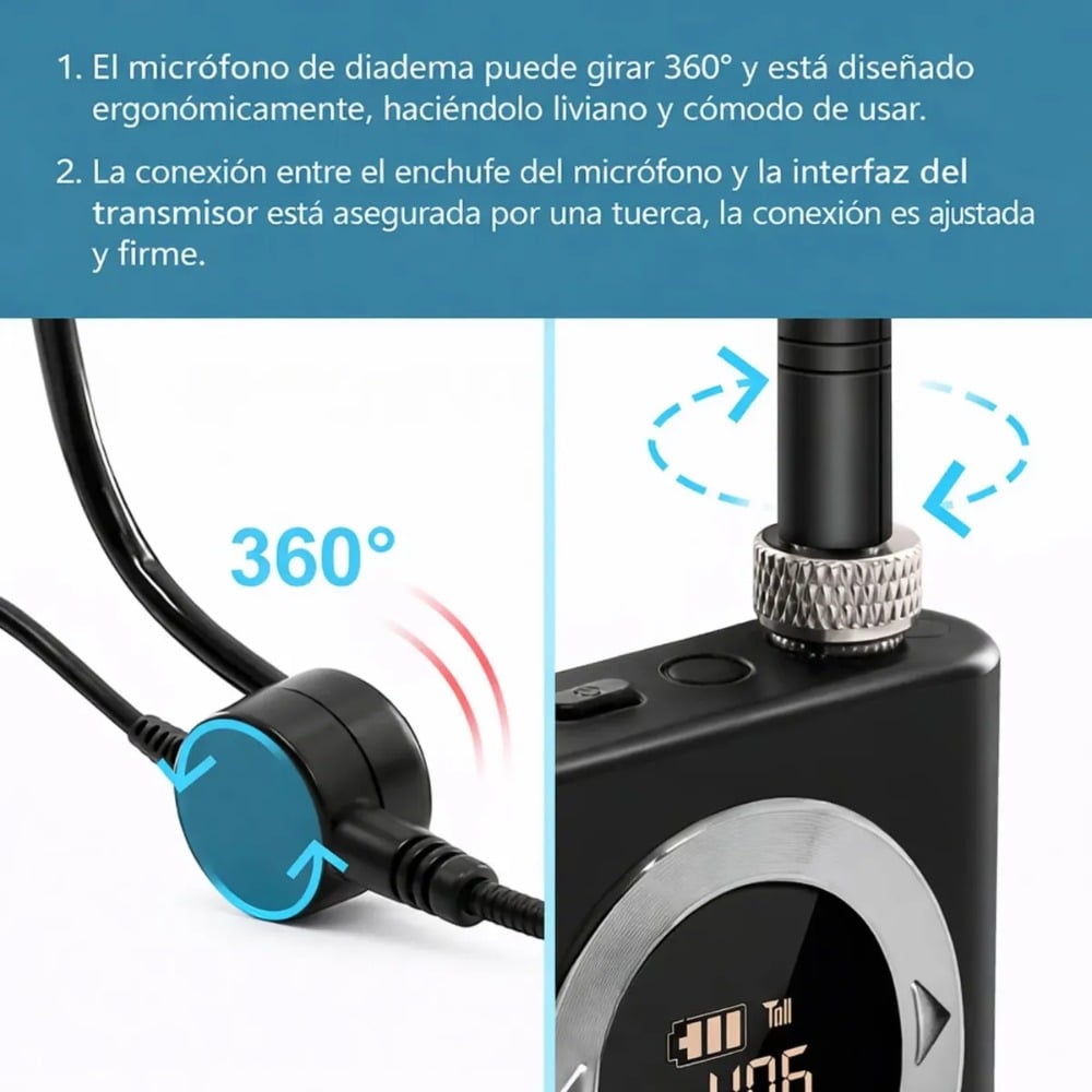 MICRÓFONO INALÁMBRICO UHF DIADEMA AMPLIFICADOR PROFESIONAL - 5