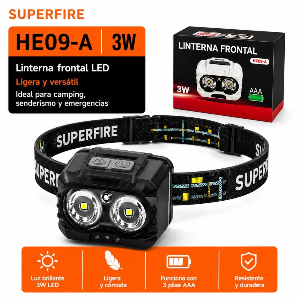 LINTERNA FRONTAL A PILAS 3AAA SUPERFIRE HE09-A MULTIFUNCIÓN - 5