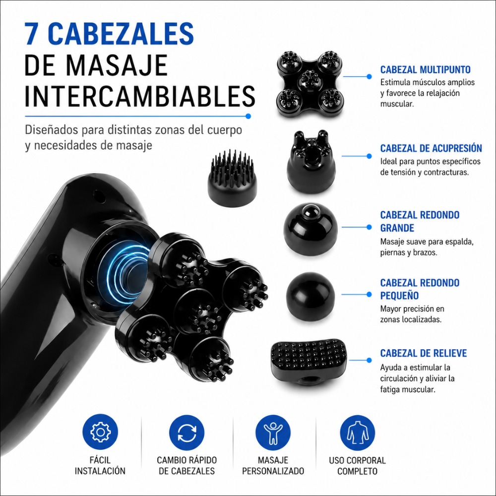 MASAJEADOR CORPORAL ELÉCTRICO DE PERCUSIÓN 7 CABEZALES ALEATORIO - 4