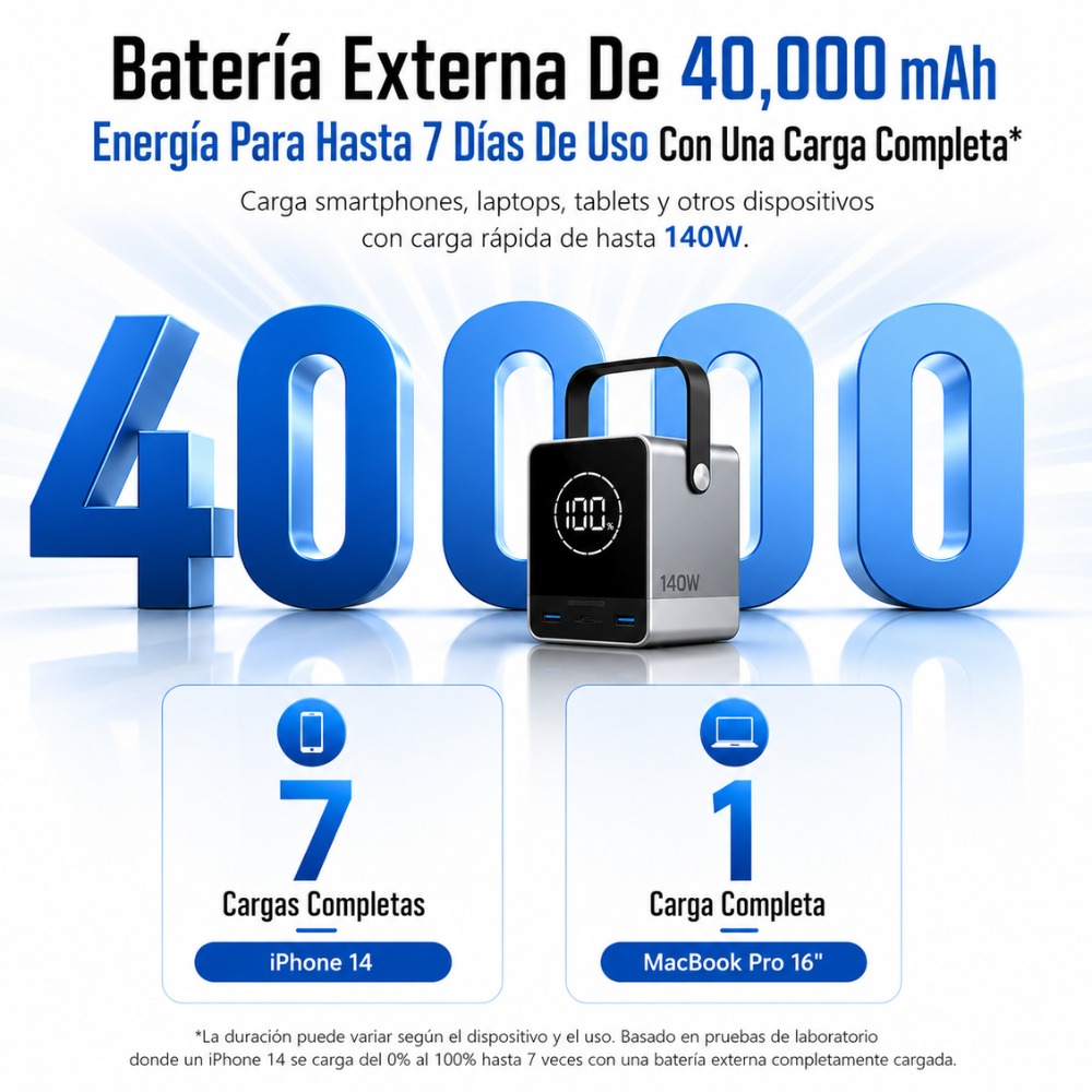POWER BANK PORTÁTIL 40000MAH 300W PARA LAPTOP Y CELULAR - 5