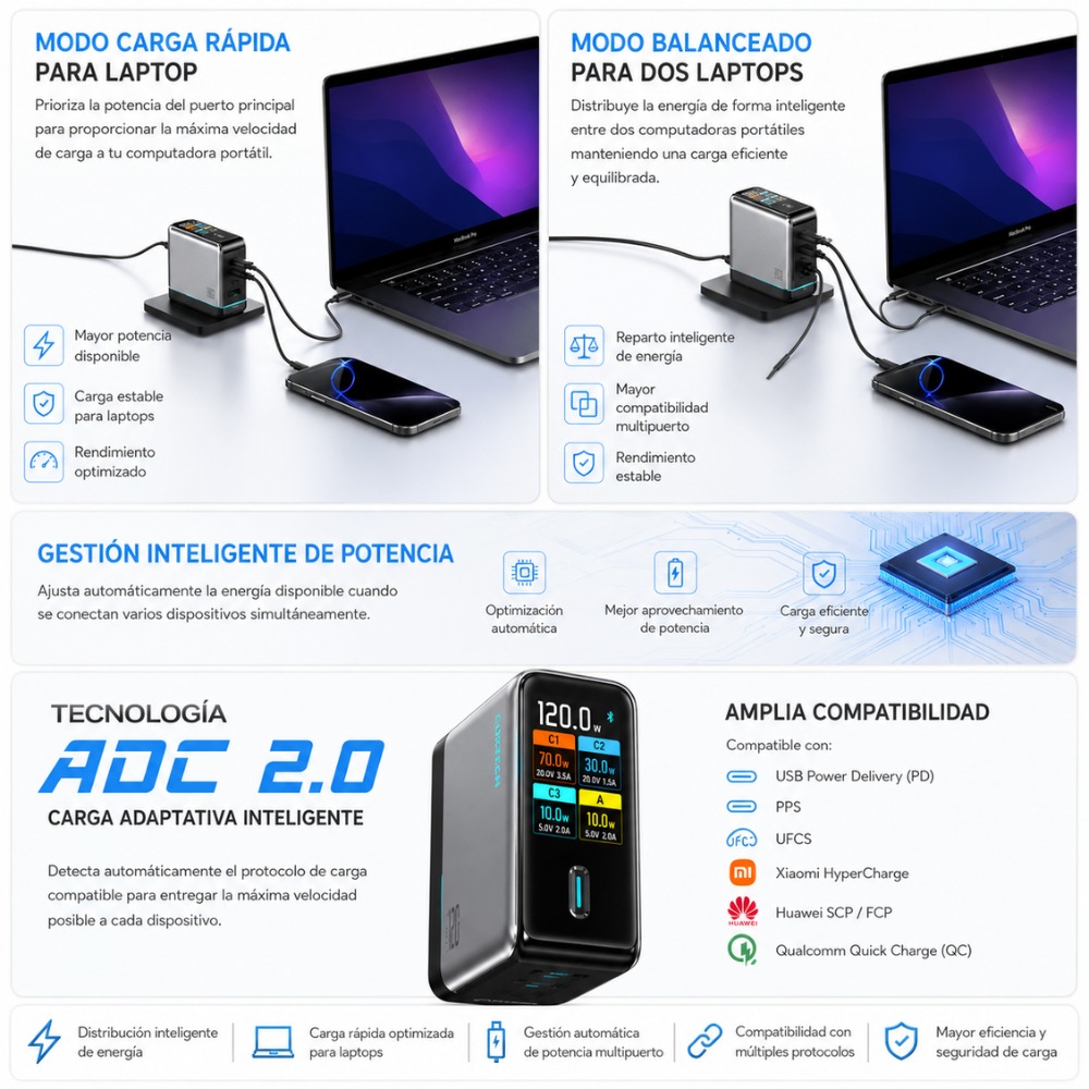 CARGADOR GAN 120W CARGA RÁPIDA 4 PUERTOS USB C Y USB A - 5