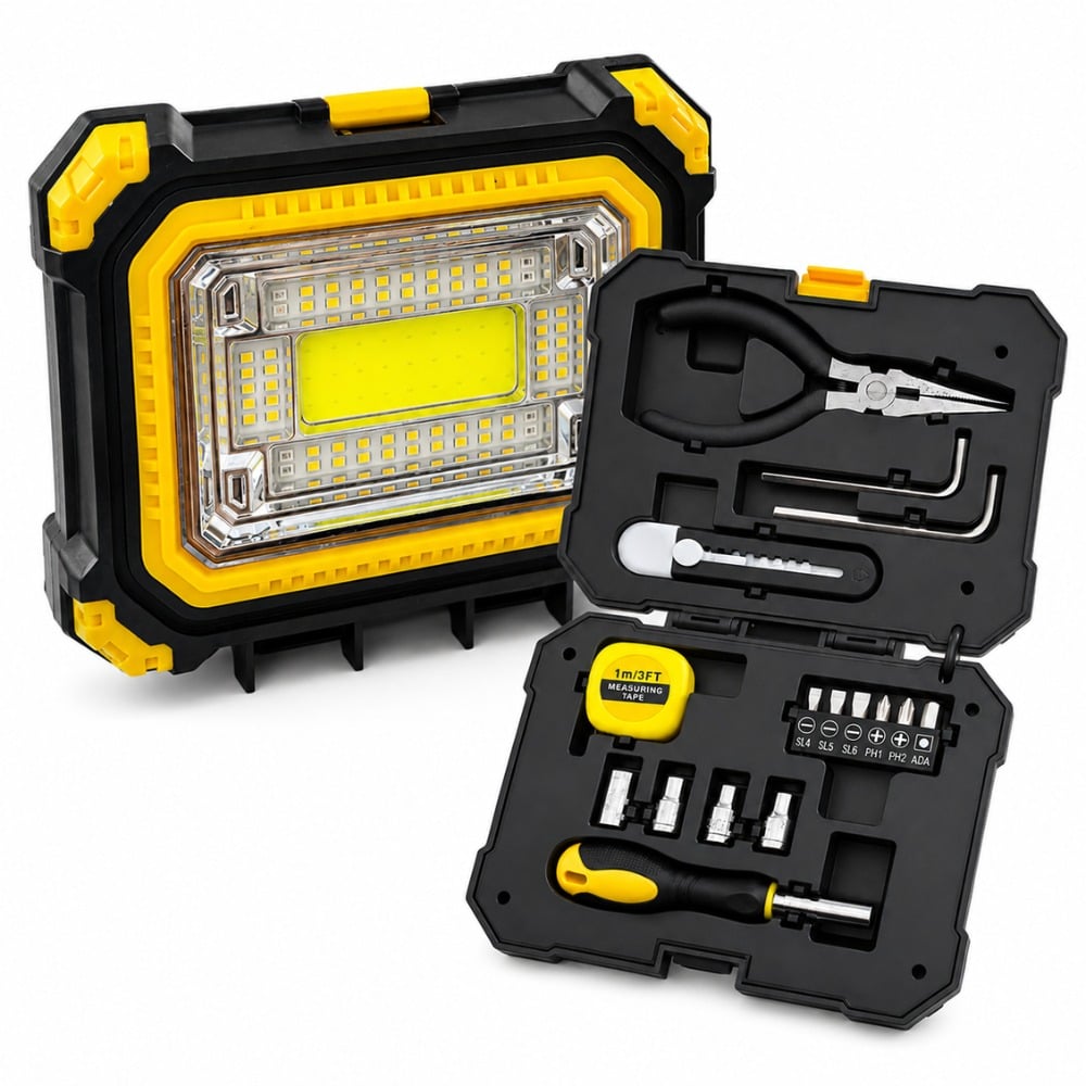 KIT HERRAMIENTAS MULTIFUNCIONAL LÁMPARA LED SOLAR RECARGABLE - 1