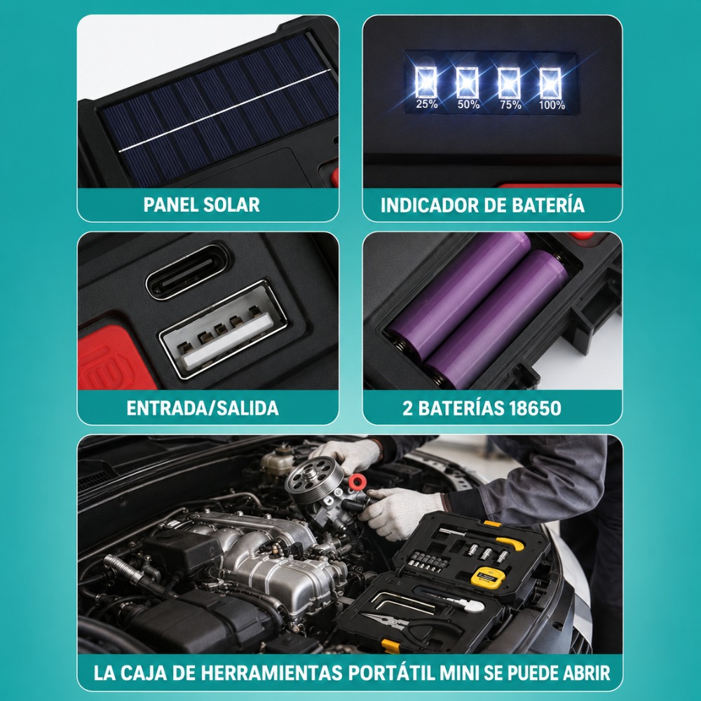 KIT HERRAMIENTAS MULTIFUNCIONAL LÁMPARA LED SOLAR RECARGABLE - 6