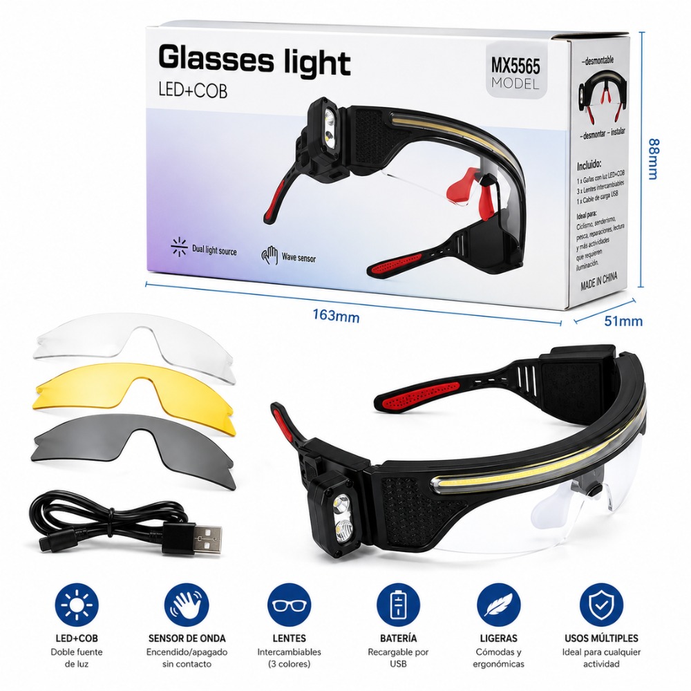 LÁMPARA FRONTAL RECARGABLE CON SENSOR INTEGRADA EN GAFAS LED - 2