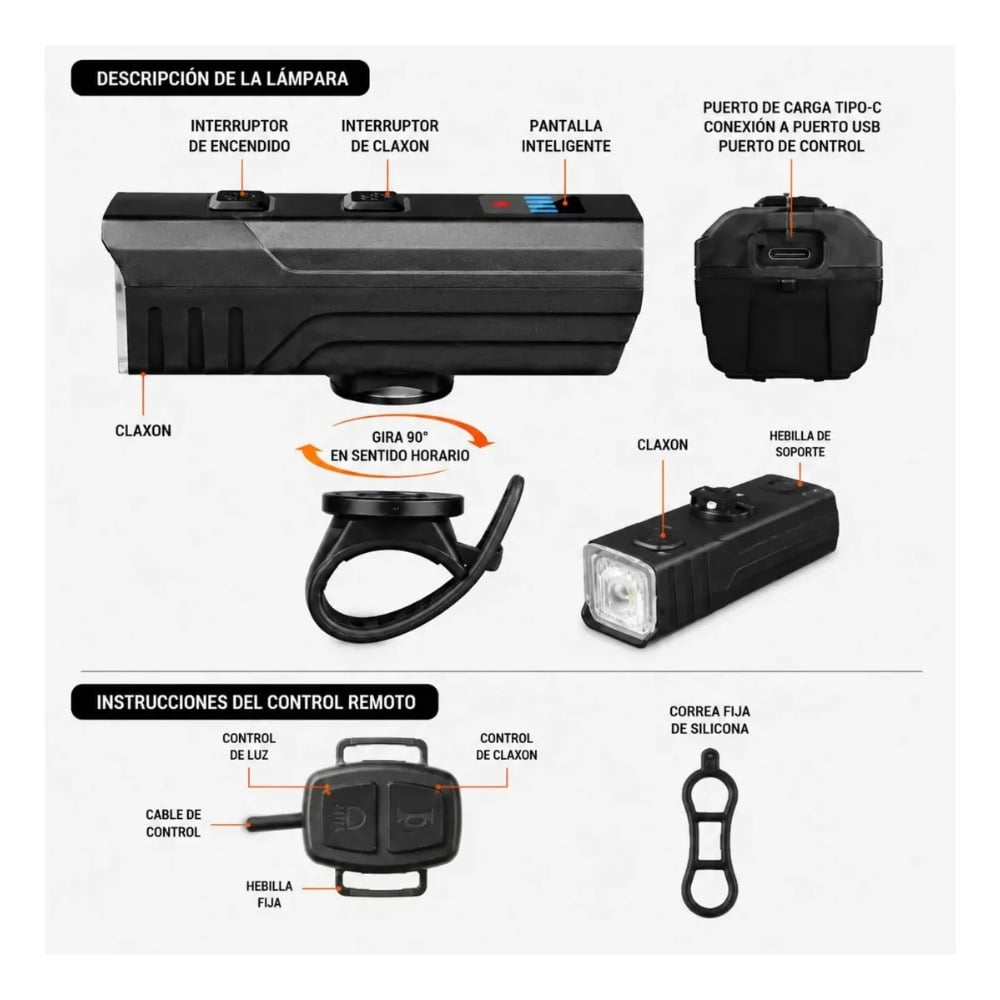 LUZ BICICLETA 1000LM CON CLAXÓN RECARGABLE USB-C - 4