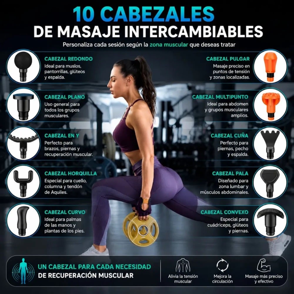 PISTOLA DE MASAJE MUSCULAR PROFESIONAL 10 CABEZALES 7 NIVELE - 5
