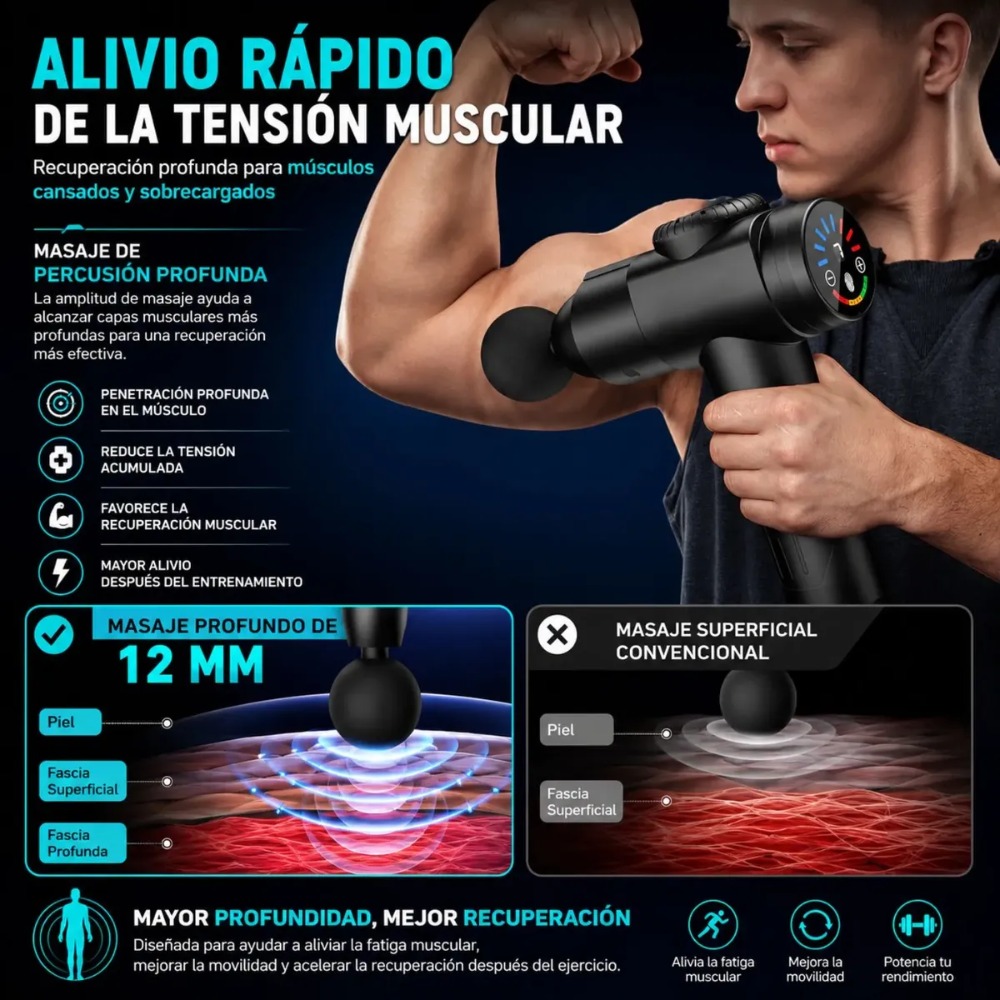 PISTOLA DE MASAJE MUSCULAR PROFESIONAL 10 CABEZALES 7 NIVELE - 6