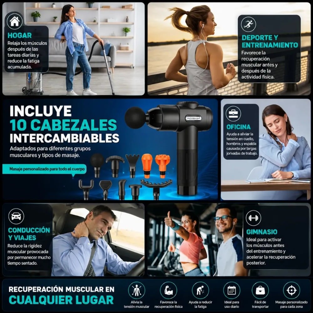 PISTOLA DE MASAJE MUSCULAR PROFESIONAL 10 CABEZALES 7 NIVELE - 7
