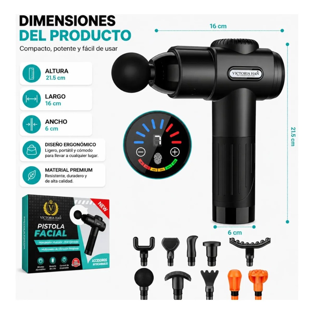 PISTOLA DE MASAJE MUSCULAR PROFESIONAL 10 CABEZALES 7 NIVELE - 8