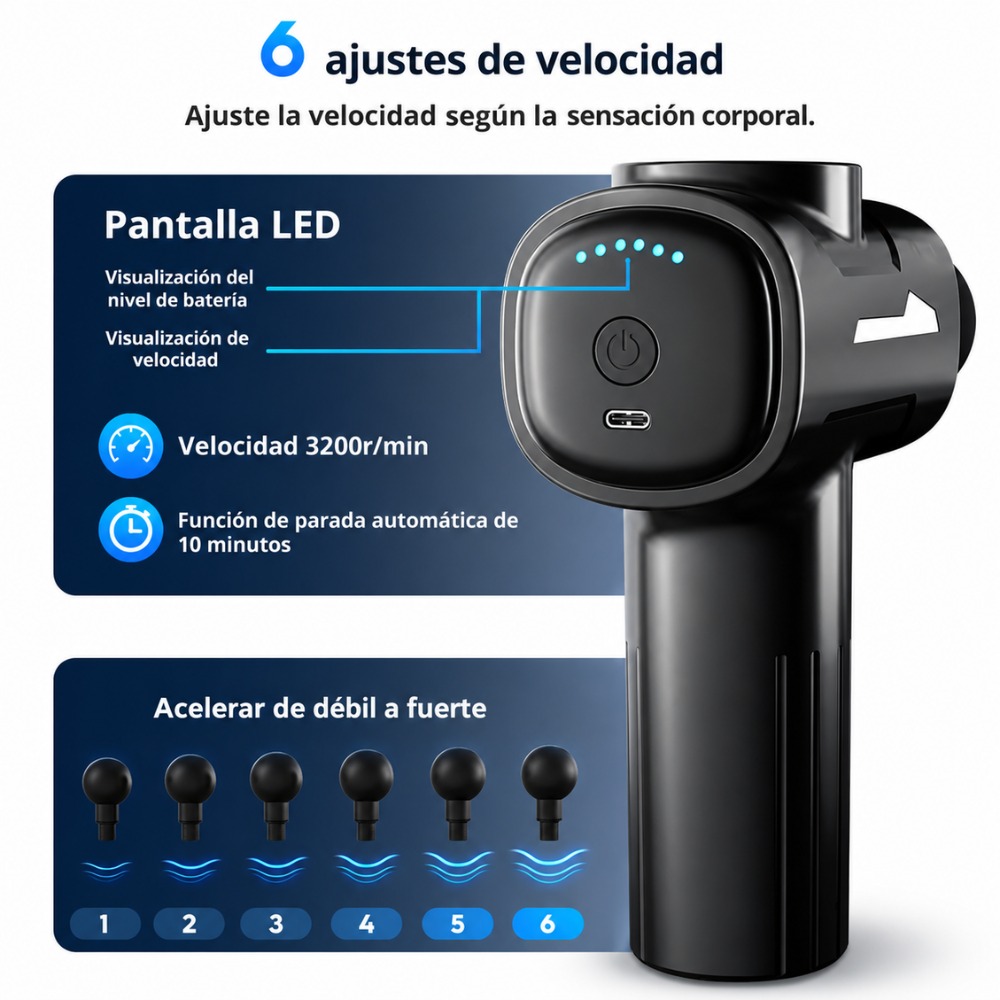 PISTOLA DE MASAJE 6 CABEZALES DE 55W ALIVIO DE DOLOR - 6