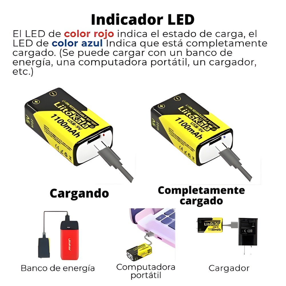 PILA RECARGABLE LIITOKALA 9V 1100MAH USB TIPO C PACK DE 4 - 3