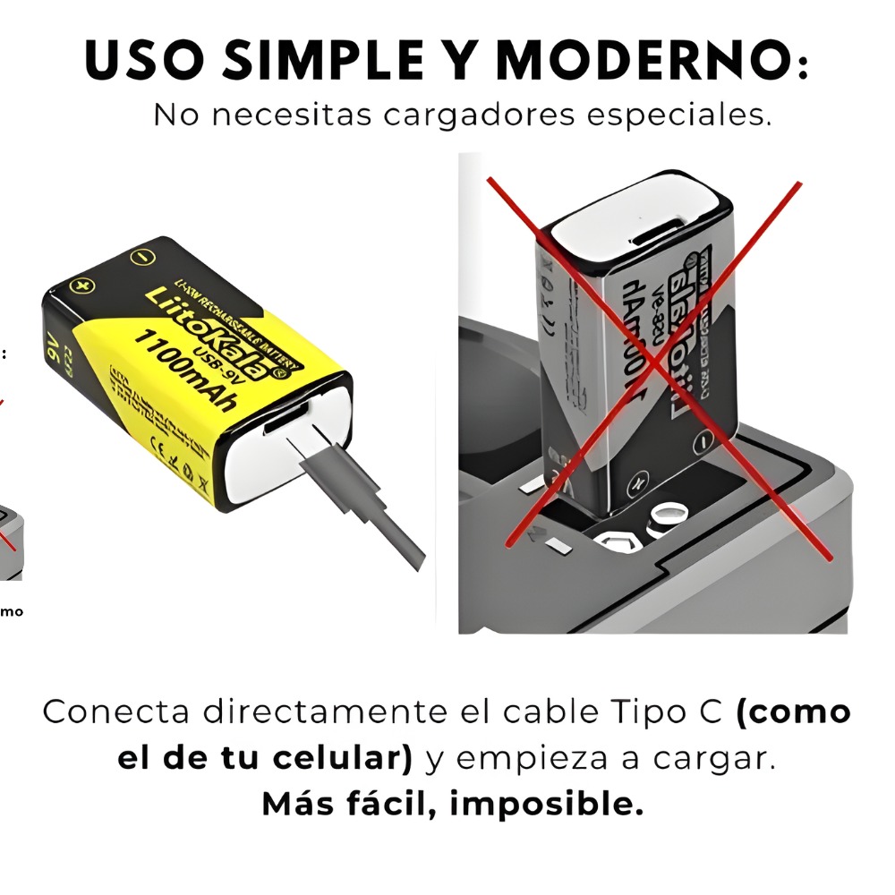 PILA RECARGABLE LIITOKALA 9V 1100MAH USB TIPO C PACK DE 4 - 4
