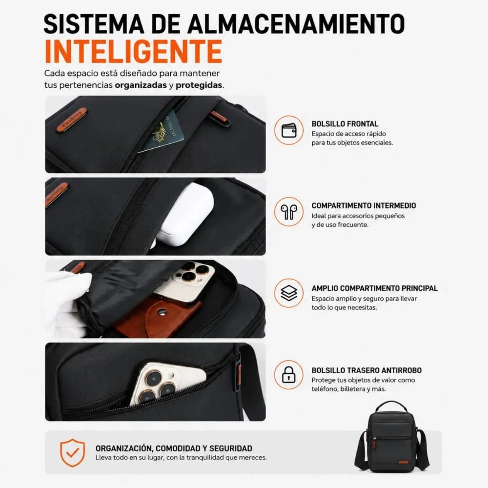 BOLSO MORRAL IMPERMEABLE HOMBRE OXFORD MÚLTIPLES BOLSILLOS - 4