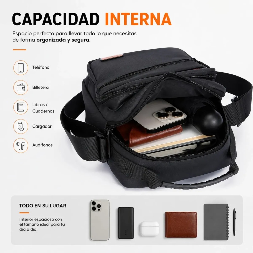 BOLSO MORRAL IMPERMEABLE HOMBRE OXFORD MÚLTIPLES BOLSILLOS - 5