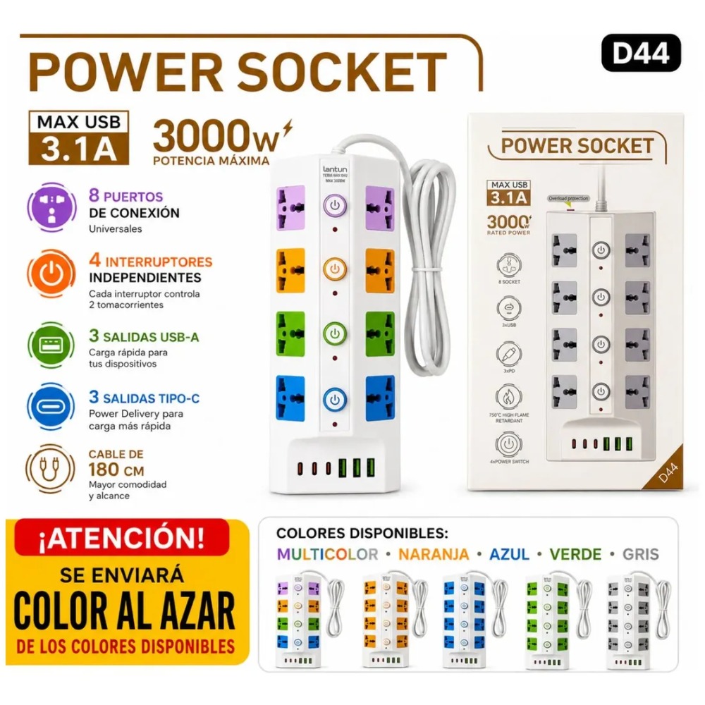 TOMACORRIENTE 8 TOMAS 3000W USB-C 180 CM - 5