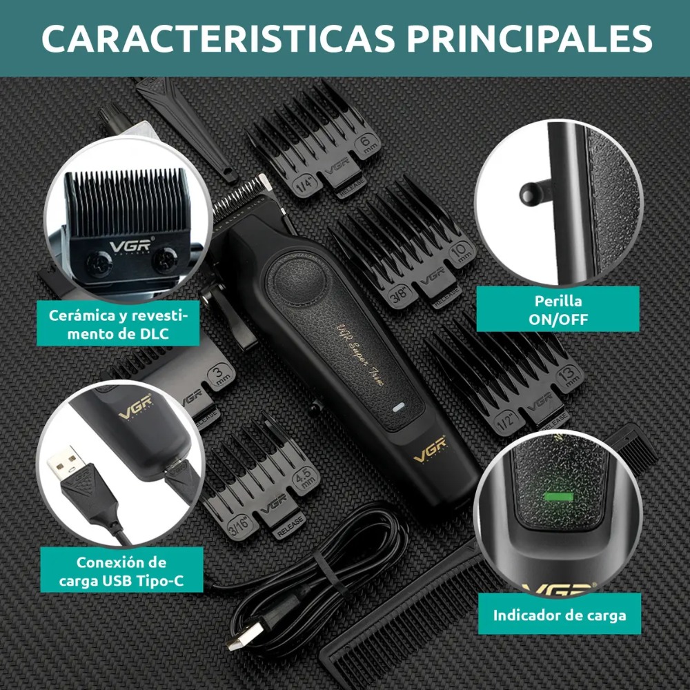 CORTADORA DE PELO VGR V-197 INALAMBRICA CUCHILLA DLC 7000RPM - 6