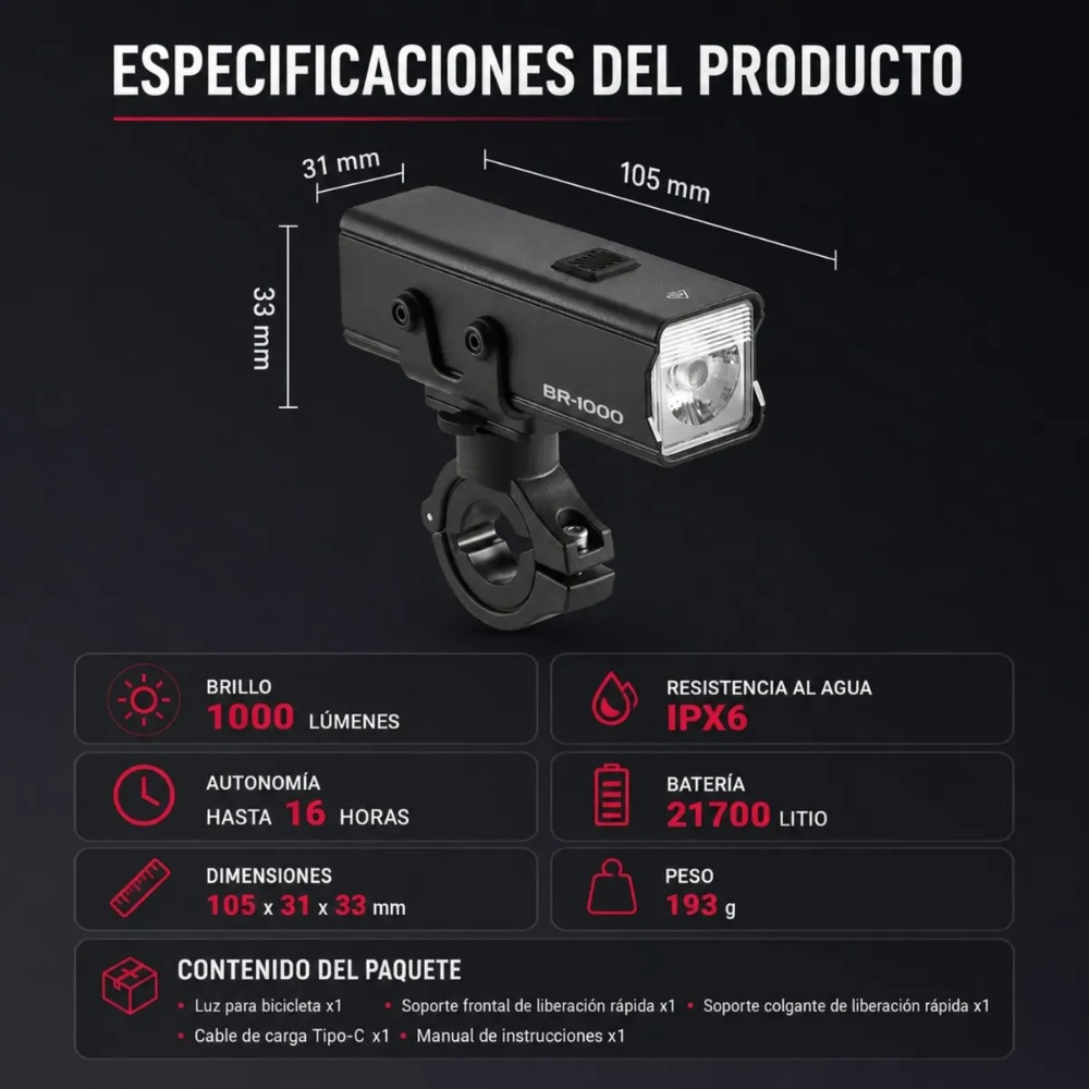 CYCLAMI BR-1000 LUZ DELANTERA BICICLETA 1000 LÚMENES USB-C - 7