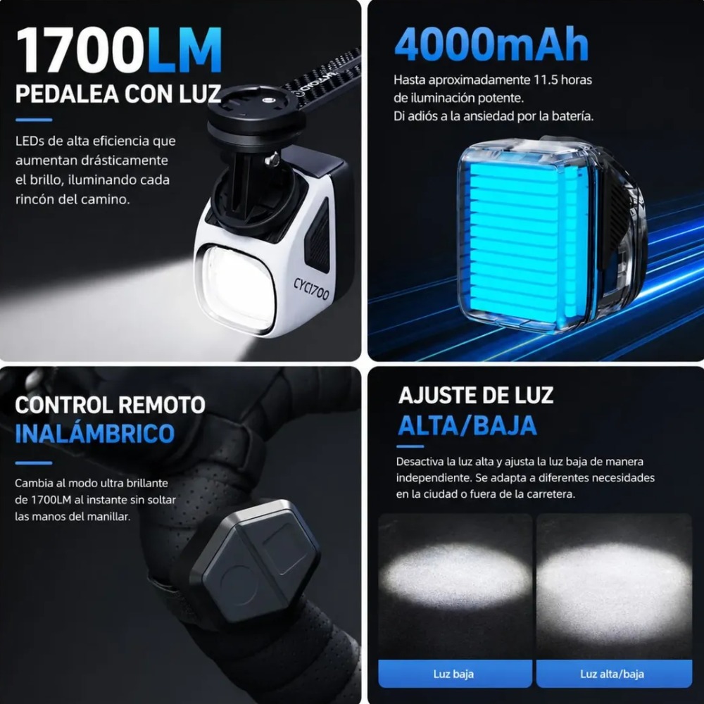 LUZ LED BICICLETA 1700LM RECARGABLE USB C IPX6 - 5