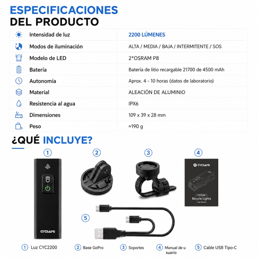 LUZ DELANTERA LED PARA BICICLETA 2200 LÚMENES RECARGABLE USB - 7