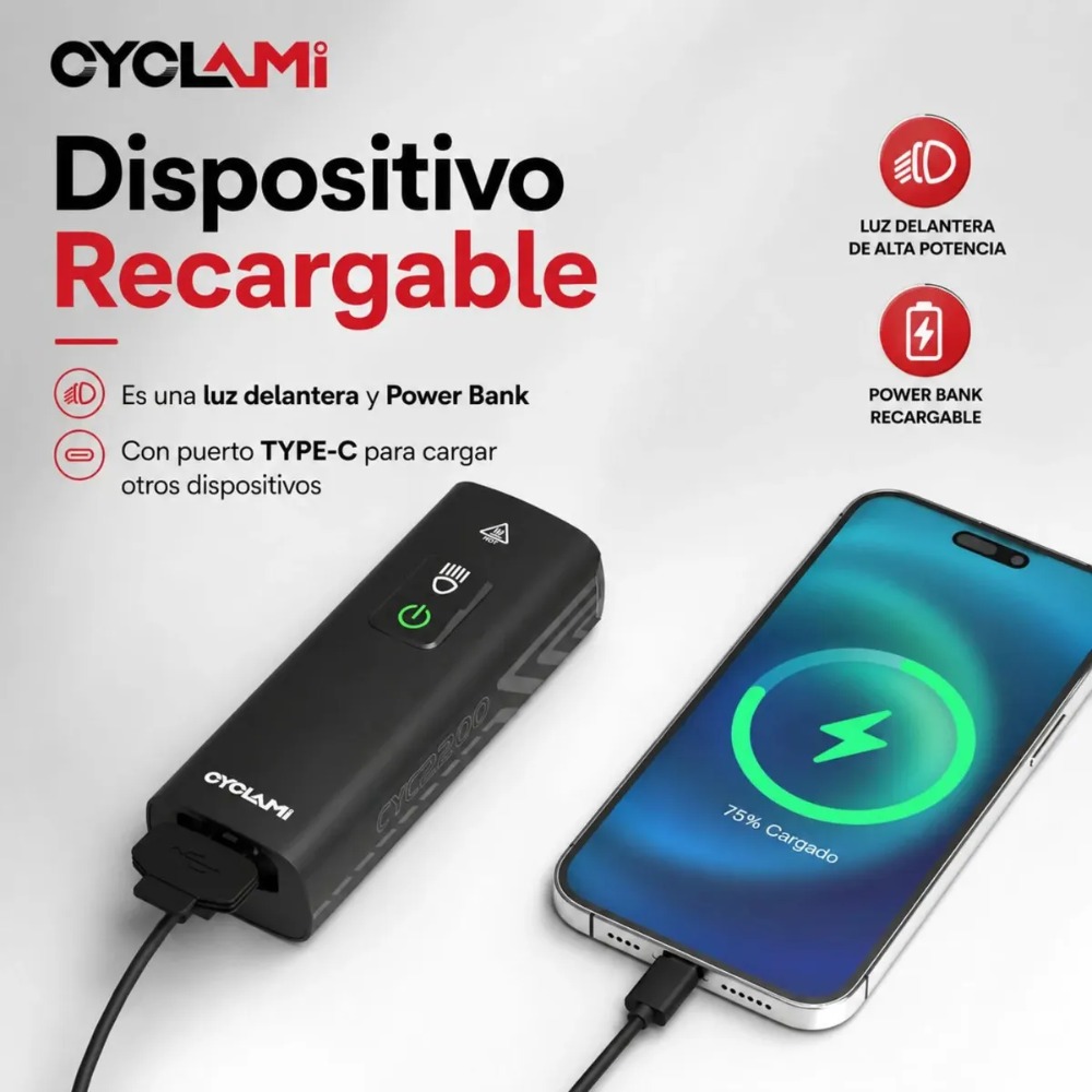 LUZ DELANTERA LED PARA BICICLETA 2200 LÚMENES RECARGABLE USB - 8