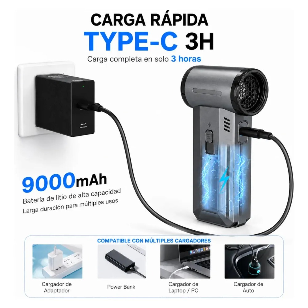 SOPLADOR TURBO 130000 RPM ASPIRADORA 2 EN 1 RECARGABLE - 7