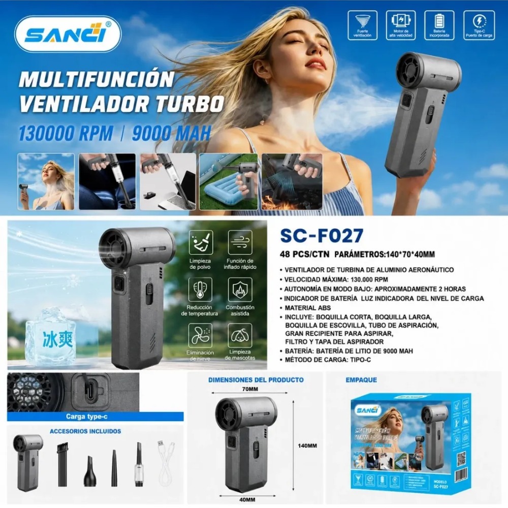 SOPLADOR TURBO 130000 RPM ASPIRADORA 2 EN 1 RECARGABLE - 8