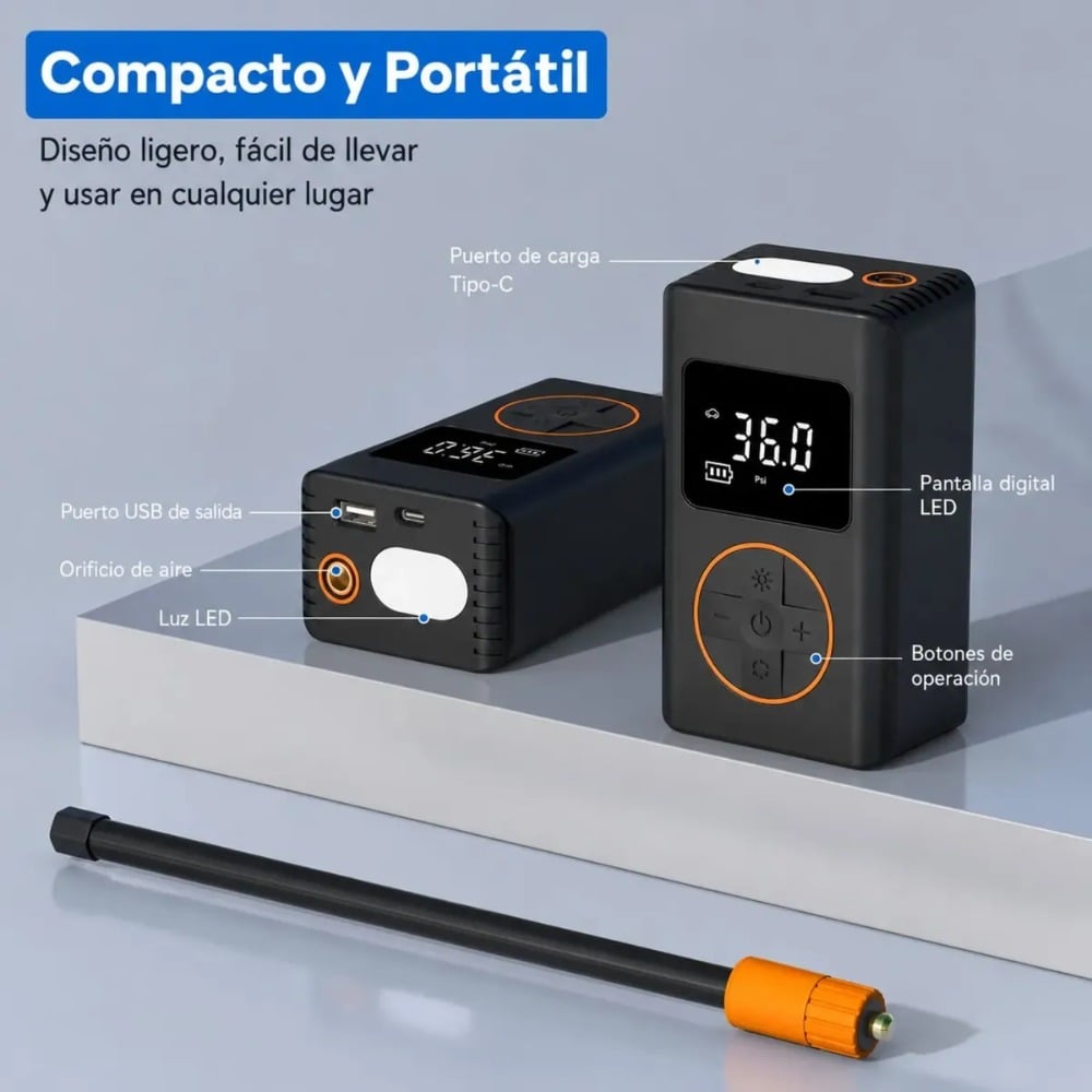 INFLADOR PORTÁTIL GREEN LYCA 150 PSI CON LUZ LED Y POWER BANK - 2