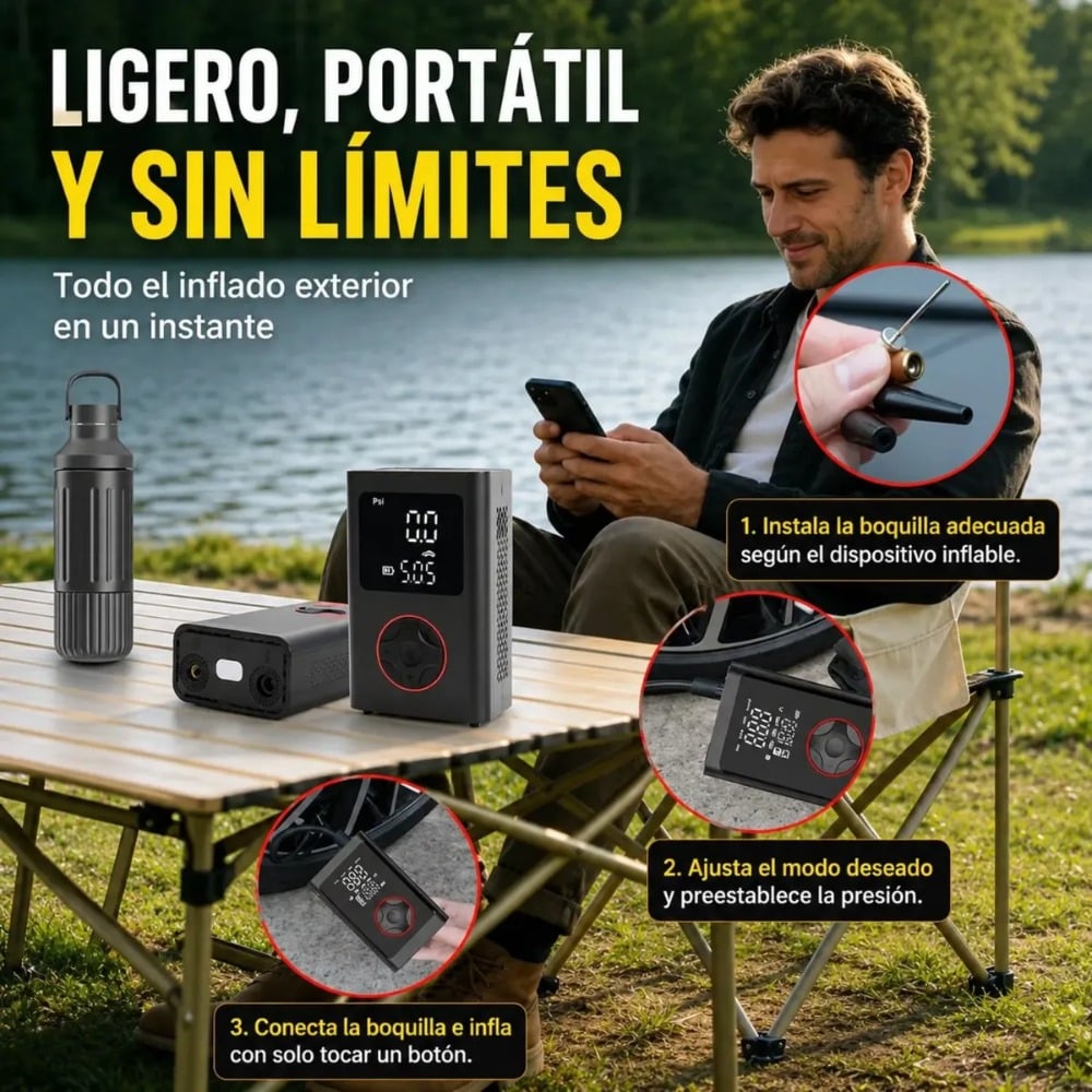INFLADOR PORTÁTIL GREEN LYCA 150 PSI CON LUZ LED Y POWER BANK - 3