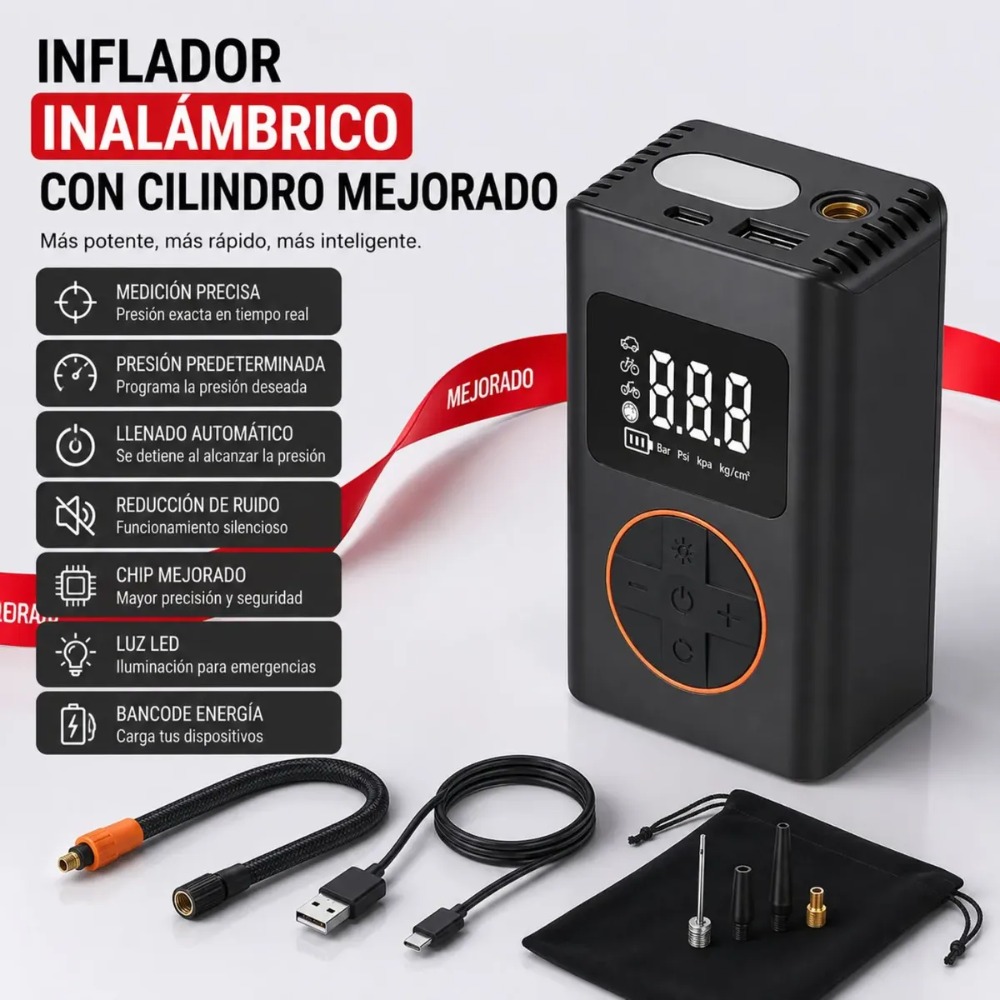 INFLADOR PORTÁTIL GREEN LYCA 150 PSI CON LUZ LED Y POWER BANK - 6