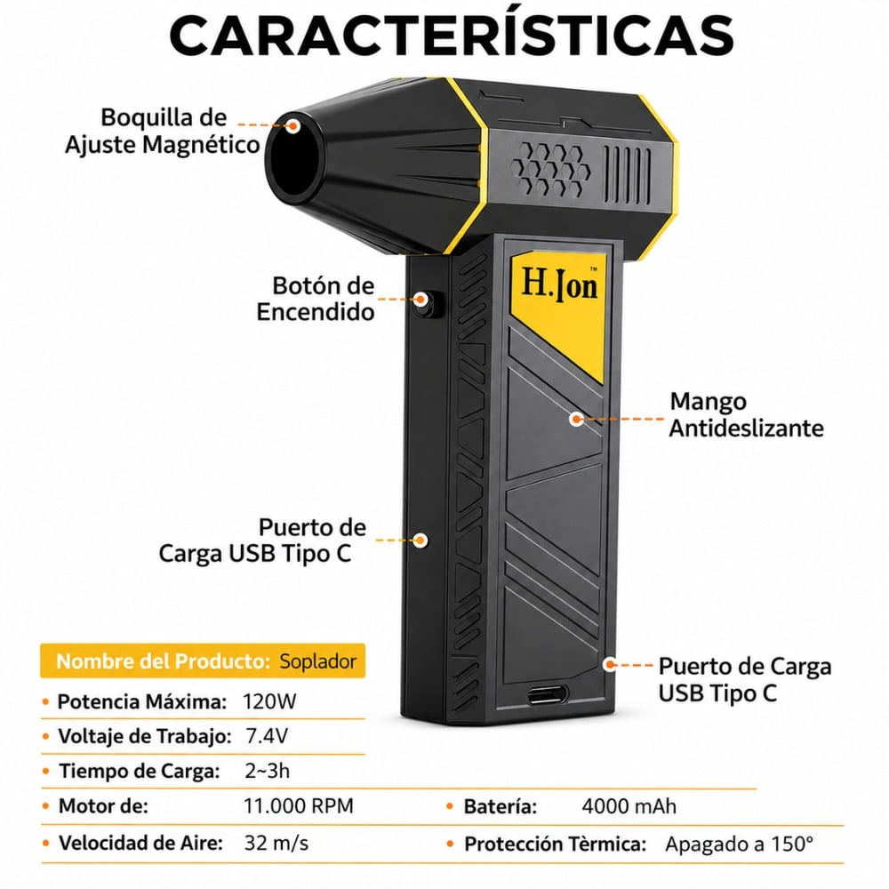 SOPLADOR DE AIRE INALÁMBRICO 120W 11000RPM 3 VELOCIDADES - 3