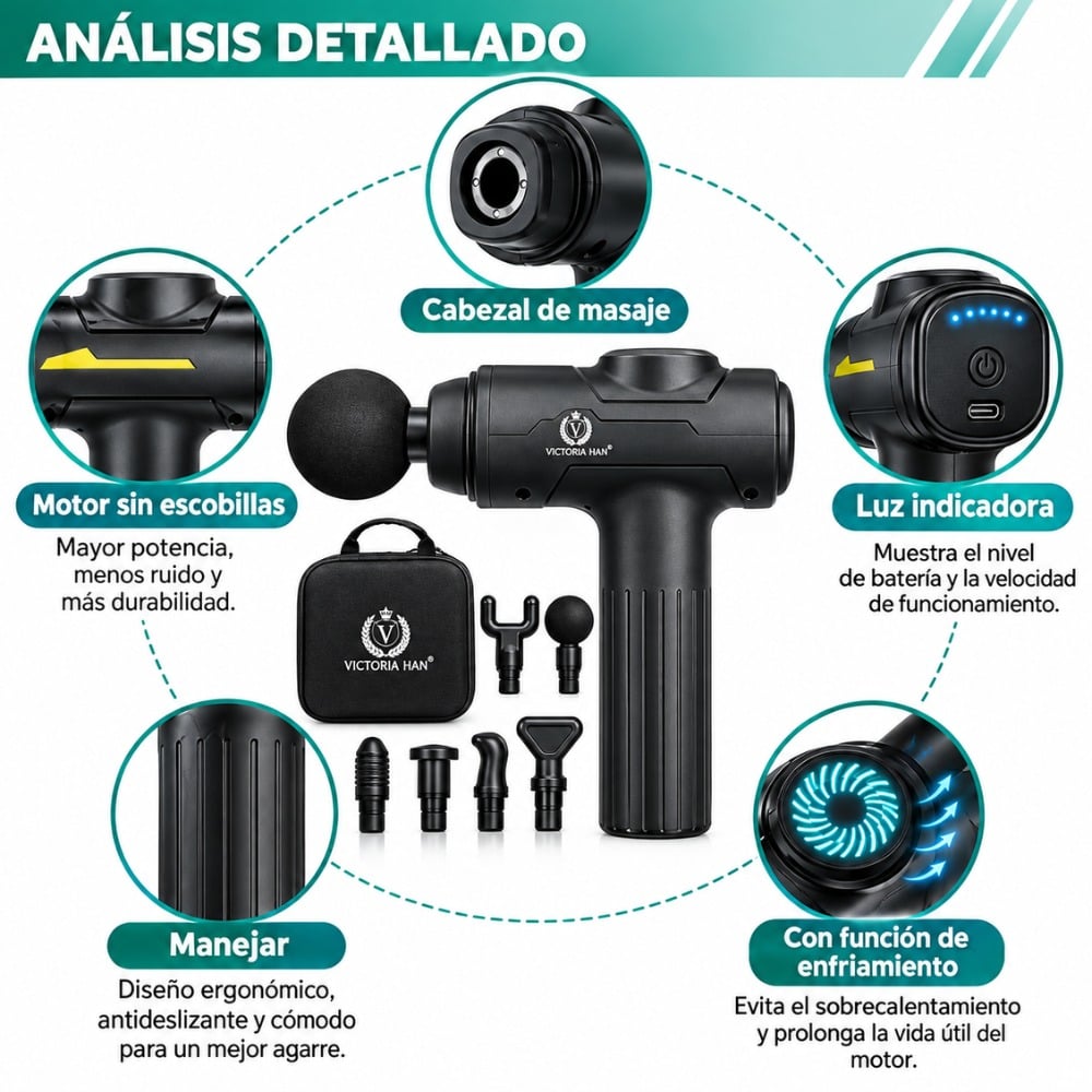 PISTOLA DE MASAJE 6 CABEZALES ALIVIA DOLORES MUSCULARES - 2