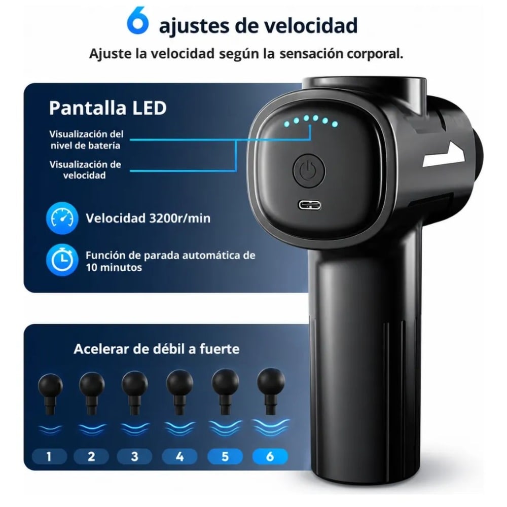 PISTOLA DE MASAJE 6 CABEZALES ALIVIA DOLORES MUSCULARES - 4