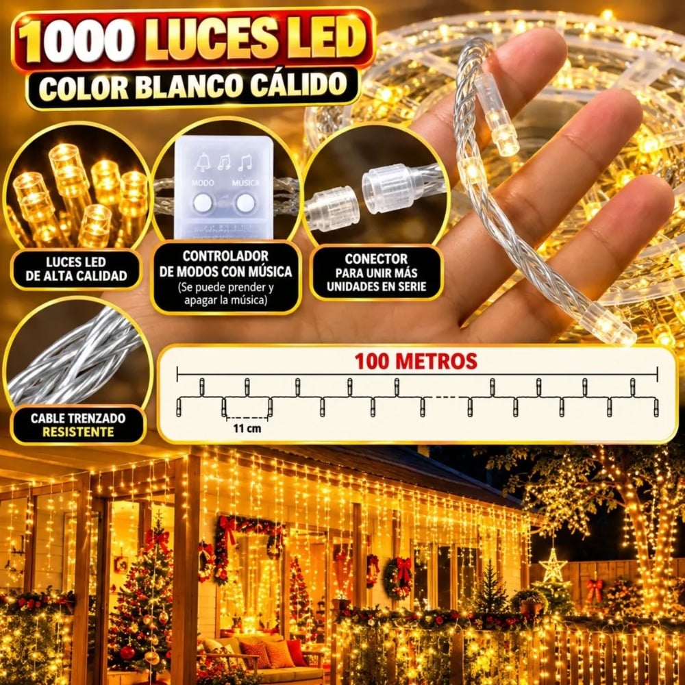 LUCES NAVIDAD 100M 1000 LED CÁLIDAS MUSICAL CARRETE LINEAL - 4