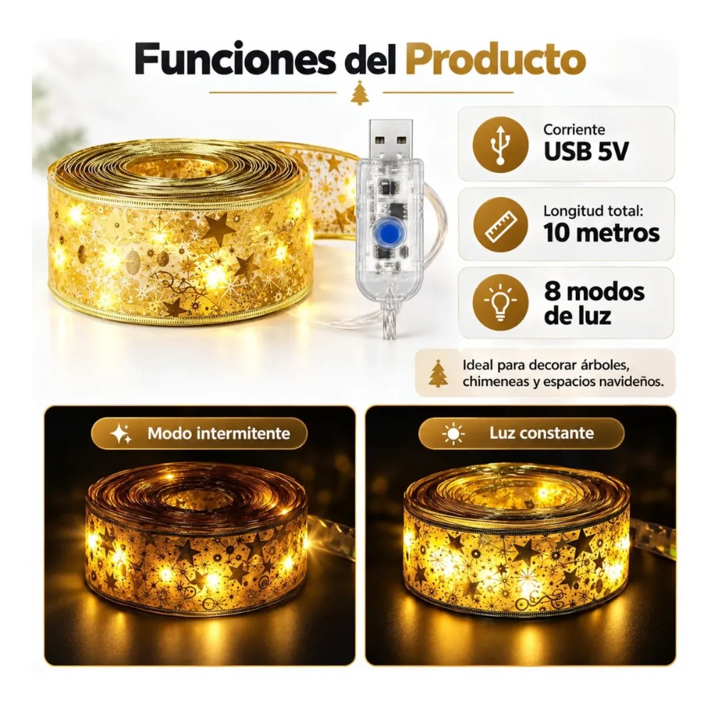 CINTA LED NAVIDEÑA 10M LUZ CÁLIDA USB 5V 8 MODOS - 7