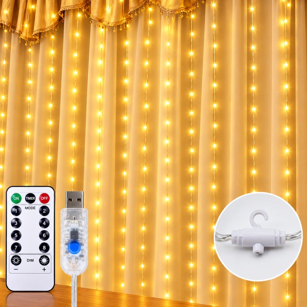 CORTINA DE LUCES 300 LED NAVIDAD 3X3 METROS AMARILLO CALIDA - 2